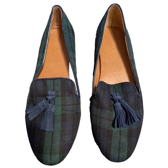 J CREW FACTORY Green Multi Plaid Smoking Tassel Loafers Size 8.5 EUC - Picture 1 of 7